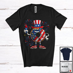 MacnyStore - Donut With Firecracker, Humorous 4th Of July American Flag Fireworks, Food Lover Patriotic T-Shirt