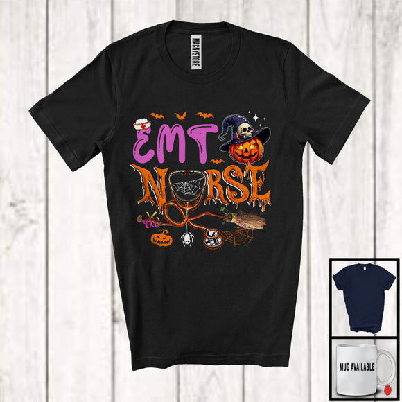 MacnyStore - EMT Nurse; Scary Halloween Costume Witch Carved Pumpkin; Nursing Tools Nurse Group T-Shirt