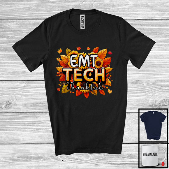 MacnyStore - EMT Tech Thankful; Wonderful Thanksgiving Sunflowers Fall Leaves; Family Nurse Group T-Shirt