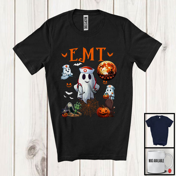 MacnyStore - EMT; Awesome Halloween Costume Moon Boo Ghost; Nursing Nurse Lover Group T-Shirt