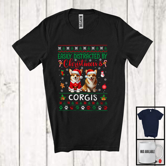 MacnyStore - Easily Distracted By Christmas And Corgis; Lovely Two Santa Corgis Lover; Family T-Shirt