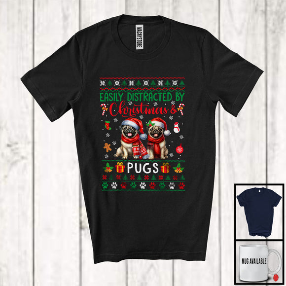 MacnyStore - Easily Distracted By Christmas And Pugs; Lovely Two Santa Pugs Lover; Family T-Shirt