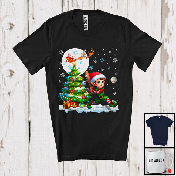 MacnyStore - Elf Playing Baseball Team; Cheerful Christmas Tree Lights Snowing; X-mas Sport Player T-Shirt