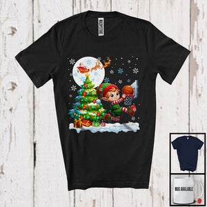 MacnyStore - Elf Playing Basketball Team; Cheerful Christmas Tree Lights Snowing; X-mas Sport Player T-Shirt