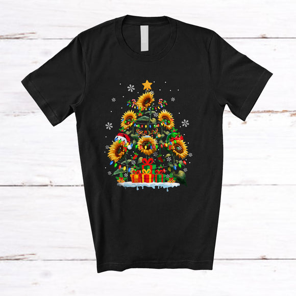 MacnyStore - Elf Reindeer Santa Sunflower As Christmas Tree; Awesome X-mas Lights Sunflower; Flowers Family T-Shirt