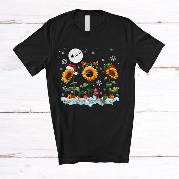 MacnyStore - Elf Reindeer Santa Sunflower With Snowman; Awesome Christmas Snow Sunflower; Flowers Family T-Shirt