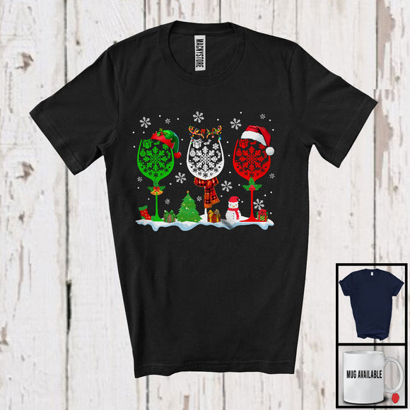 MacnyStore - Elf Reindeer Santa Three Wine Glasses; Amazing Christmas Wine Snowflake; Drinking Drunker T-Shirt