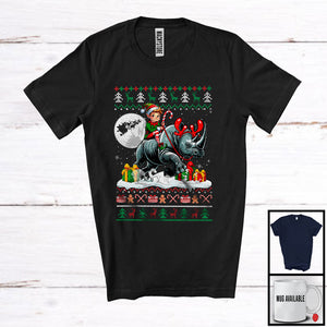 MacnyStore - Elf Riding Rhino; Amazing Christmas Sweater Elf Wild Animal Lover; X-mas Moon Family Group T-Shirt