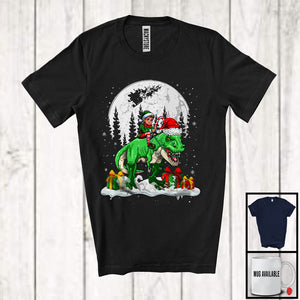 MacnyStore - Elf Riding T-Rex Santa; Joyful Christmas Moon Elf T-Rex Lover; Matching X-mas Animal Lover T-Shirt