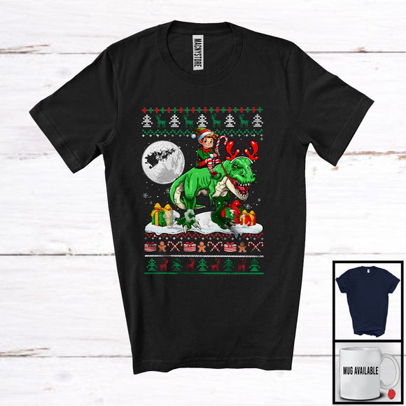 MacnyStore - Elf Riding T Rex; Amazing Christmas Sweater Elf Dinosaur Lover; X-mas Moon Family Group T-Shirt