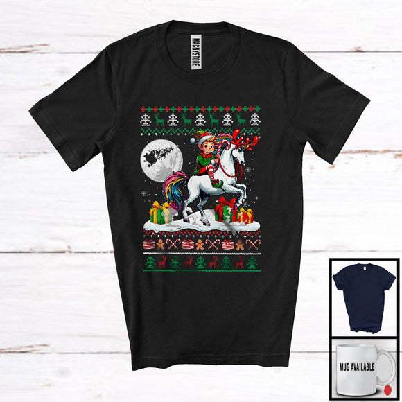 MacnyStore - Elf Riding Unicorn; Amazing Christmas Sweater Elf Unicorn Lover; X-mas Moon Family Group T-Shirt