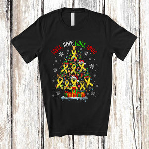 MacnyStore - Faith Hope Fight Love; Fantastic Christmas Lights Tree Childhood Cancer Ribbon; Family Group T-Shirt