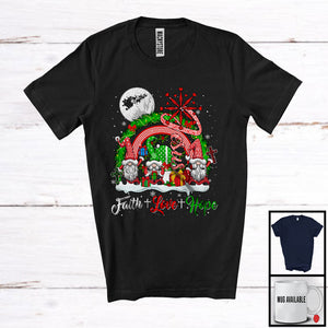 MacnyStore - Faith Love Hope; Adorable Christmas Three Gnomes Jesus Rainbow; Snowing Family Group T-Shirt