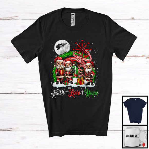 MacnyStore - Faith Love Hope; Adorable Christmas Three Santa Jesus Rainbow; Snowing Family Group T-Shirt