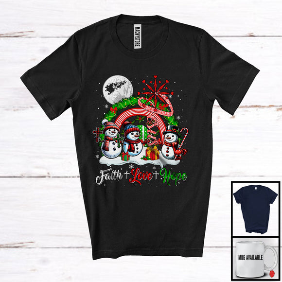 MacnyStore - Faith Love Hope; Adorable Christmas Three Snowman Jesus Rainbow; Snowing Family Group T-Shirt