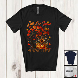 MacnyStore - Fall For Jesus He Never Leaves, Amazing Thanksgiving Fall Tree Cross, Sunflower Pumpkins T-Shirt