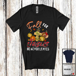 MacnyStore - Fall For Jesus He Never Leaves, Happy Thanksgiving Leopard Pumpkins Cross, Autumn Family T-Shirt