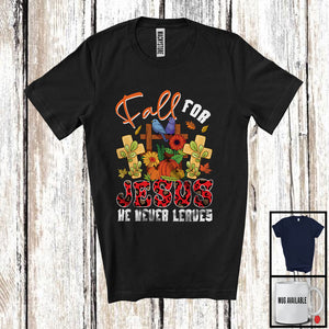 MacnyStore - Fall For Jesus He Never Leaves, Happy Thanksgiving Leopard Pumpkins Cross, Birds Family T-Shirt