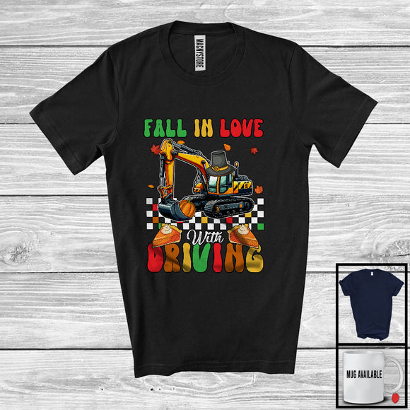 MacnyStore - Fall In Love With Driving; Wonderful Thanksgiving Pumpkin On Excavator Driver; Family Group T-Shirt