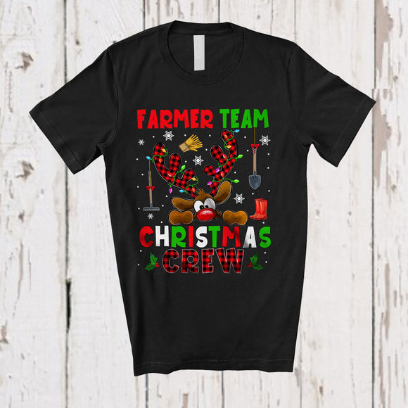 MacnyStore - Farmer Team Christmas Crew; Fantastic X-mas Red Plaid Reindeer Face; Proud Careers Jobs T-Shirt