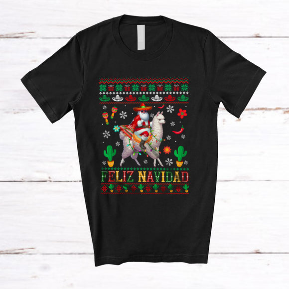 MacnyStore - Feliz Navidad; Cheerful Christmas Sweater Mexican Santa Riding Llama Lover; Family Group T-Shirt