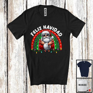 MacnyStore - Feliz Navidad; Joyful Christmas Lights Santa Sunglasses; Rainbow Spanish Family Group T-Shirt