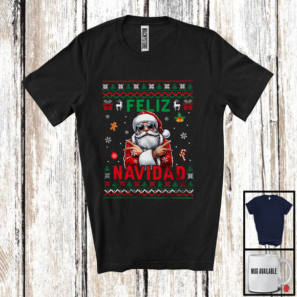 MacnyStore - Feliz Navidad; Joyful Christmas Lights Santa Sunglasses; X-mas Sweater Pajama Family Group T-Shirt