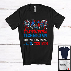 MacnyStore - Fireworks Technician Runs I Run You Run, Amazing 4th Of July US Flag Firecracker, Patriotic T-Shirt