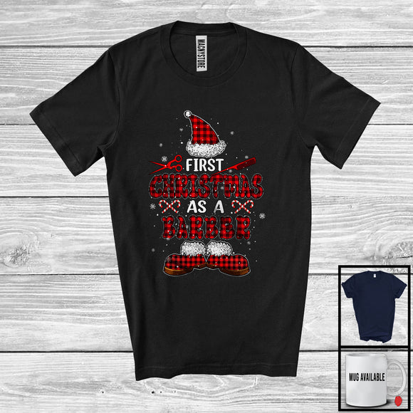 MacnyStore - First Christmas As A Barber; Cheerful Christmas Plaid Santa; Promoting Future Family T-Shirt