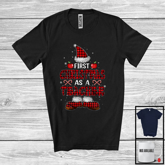 MacnyStore - First Christmas As A Teacher; Cheerful Christmas Plaid Santa; Promoting Future Family T-Shirt