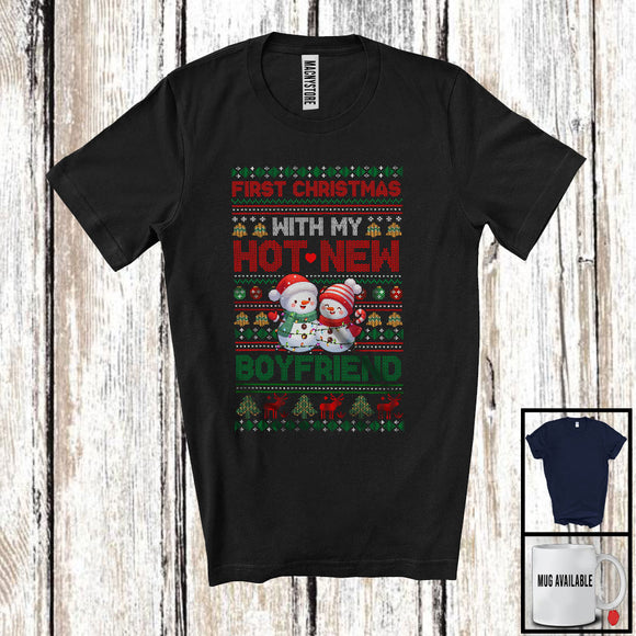 MacnyStore - First Christmas With My Hot New Boyfriend; Humorous Christmas Sweater Snowman; Couples T-Shirt