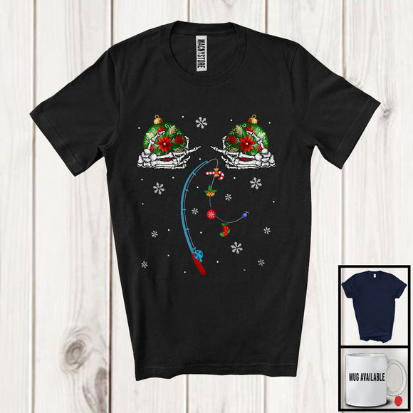 MacnyStore - Fishing Christmas Bubble Boobs Skeleton Hands; Humorous X-mas Ornaments Women; Family T-Shirt