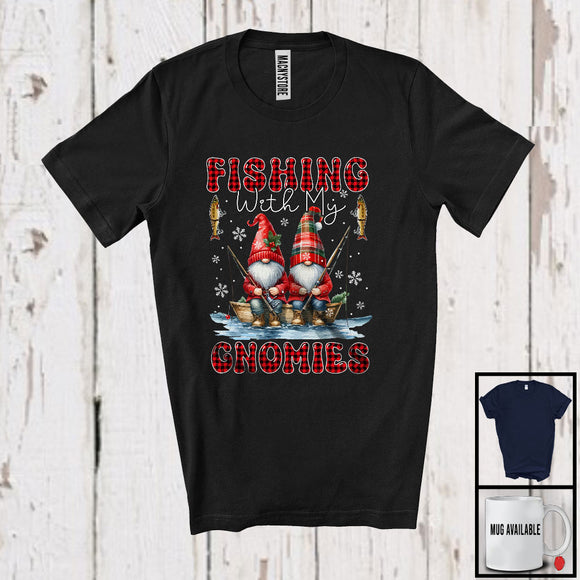 MacnyStore - Fishing With My Gnomies; Fantastic Christmas Red Plaid Couple Gnomes; Family Group T-Shirt