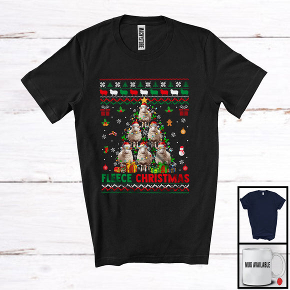 MacnyStore - Fleece Christmas; Lovely Christmas Sweater Santa Sheep X-mas Tree; Farm Farmer Family Group T-Shirt