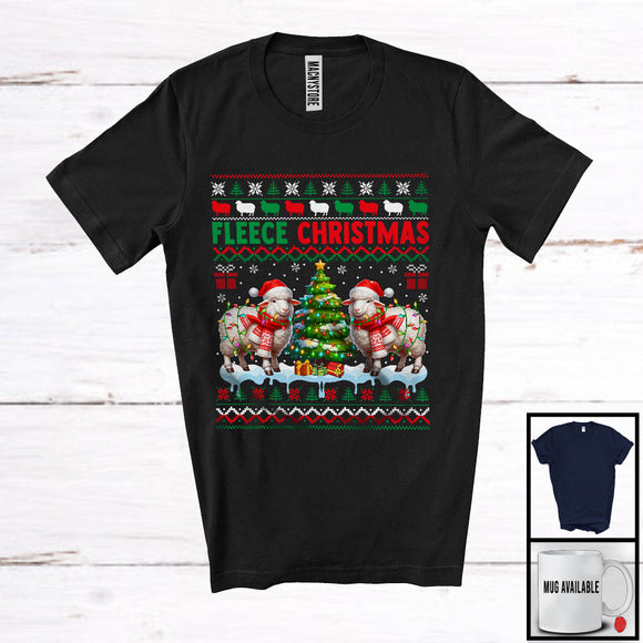 MacnyStore - Fleece Christmas; Lovely Christmas Sweater Two Santa Sheep; X-mas Tree Farm Farmer T-Shirt