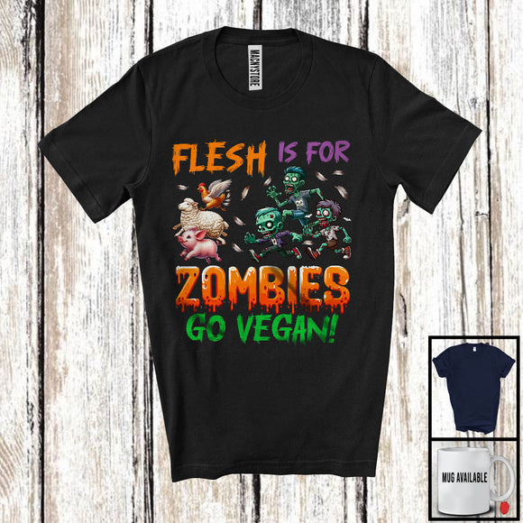 MacnyStore - Flesh Is For Zombies Go Vegan; Creepy Halloween Farm Animals; Vegetarian Team T-Shirt