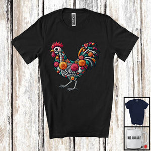 MacnyStore - Floral Skulls Chicken; Scary Halloween Dia De Los Muertos Cosplay; Flowers Mexican Family T-Shirt