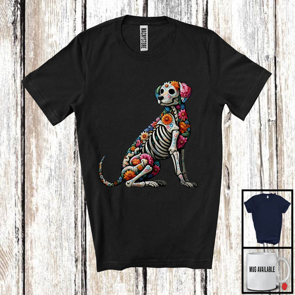 MacnyStore - Floral Skulls Dog; Scary Halloween Dia De Los Muertos Cosplay; Flowers Mexican Family T-Shirt