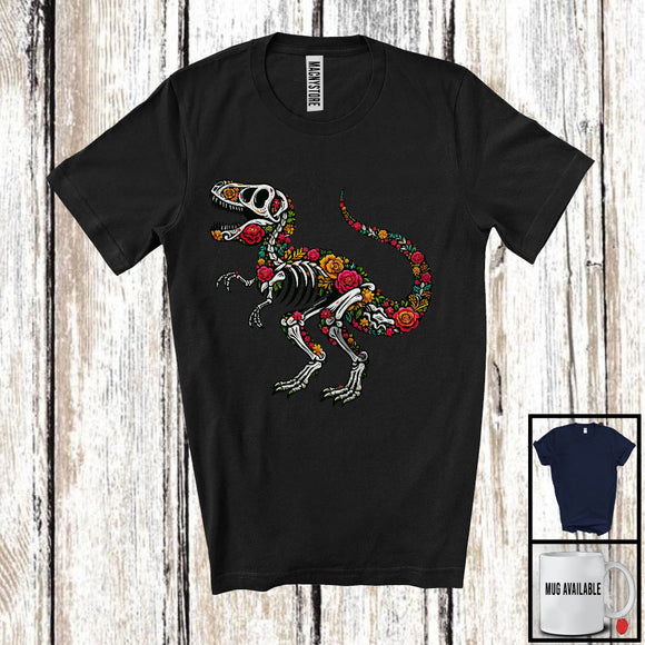 MacnyStore - Floral Skulls T-Rex; Scary Halloween Dia De Los Muertos Cosplay; Flowers Mexican Family T-Shirt