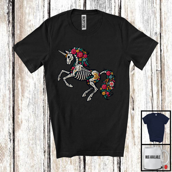 MacnyStore - Floral Skulls Unicorn; Scary Halloween Dia De Los Muertos Cosplay; Flowers Mexican Family T-Shirt