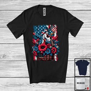 MacnyStore - Flowers Dabbing Unicorn Wearing American Flag Hat, Lovely 4th Of July USA Patriotic T-Shirt