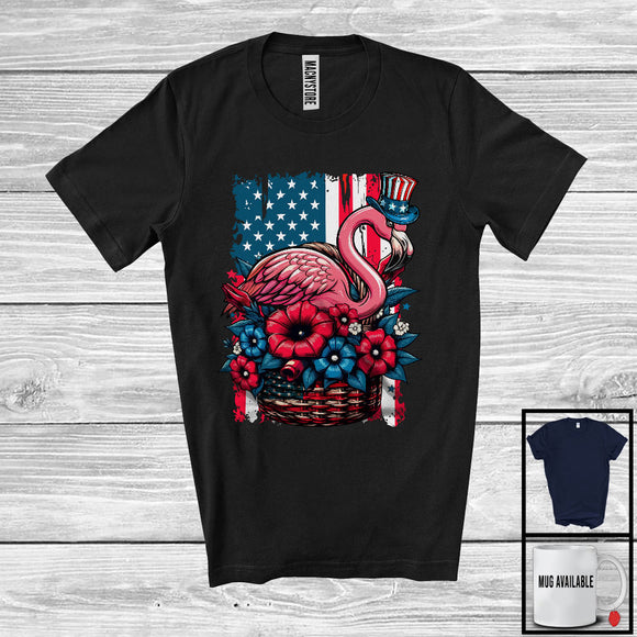 MacnyStore - Flowers Flamingo Wearing American Flag Hat, Lovely 4th Of July USA Patriotic, Animal Lover T-Shirt