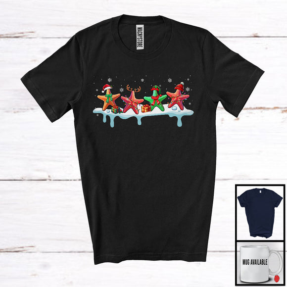 MacnyStore - Four Santa Elf Reindeer Starfish; Humorous Christmas Pajama Starfish Sea Animal; Family T-Shirt