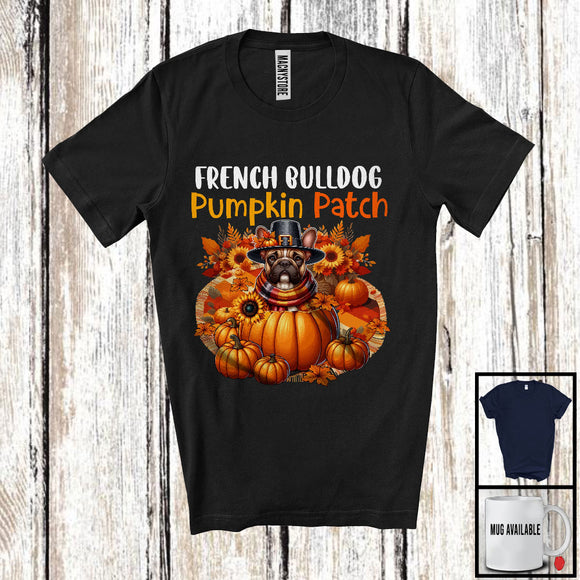 MacnyStore - French Bulldog Pumpkin Patch; Lovely Thanksgiving Dog In Pumpkin; Fall Leaves Flowers T-Shirt