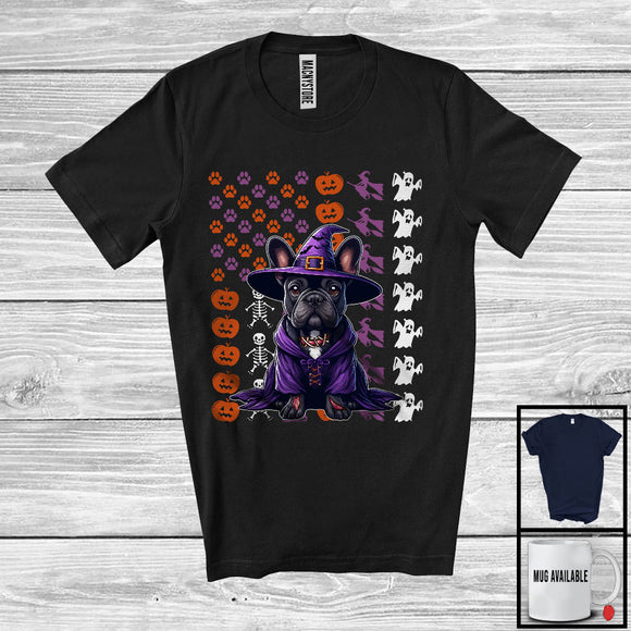 MacnyStore - French Bulldog Witch On American Flag, Adorable Halloween Pumpkin Paws, Patriotic Group T-Shirt