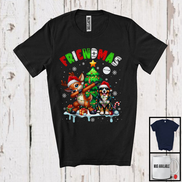 MacnyStore - Friendmas; Joyful Christmas Tree Santa Australian Shepherd Owner; Dabbing Reindeer T-Shirt