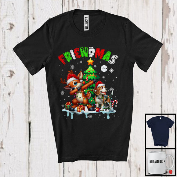 MacnyStore - Friendmas; Joyful Christmas Tree Santa Beagle Owner; X-mas Lights Dabbing Reindeer T-Shirt