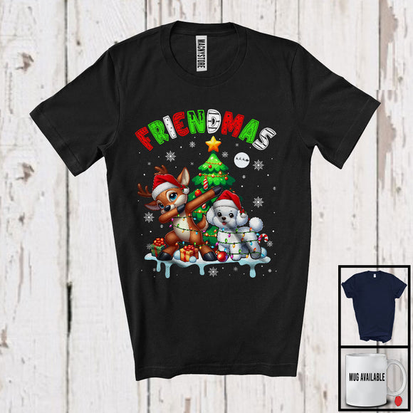 MacnyStore - Friendmas; Joyful Christmas Tree Santa Bichon Frise Owner; X-mas Lights Dabbing Reindeer T-Shirt