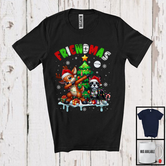 MacnyStore - Friendmas; Joyful Christmas Tree Santa Boston Terrier Owner; X-mas Lights Dabbing Reindeer T-Shirt