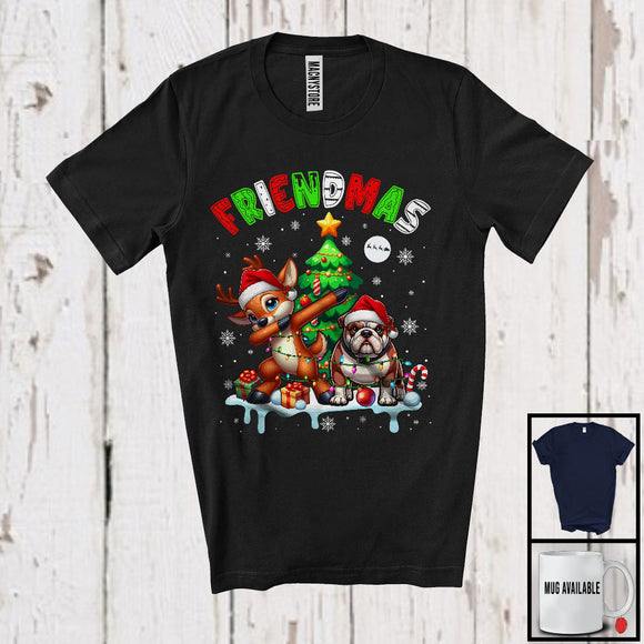 MacnyStore - Friendmas; Joyful Christmas Tree Santa Bulldog Owner; X-mas Lights Dabbing Reindeer T-Shirt